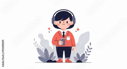 Cartoon character with headphones and phone