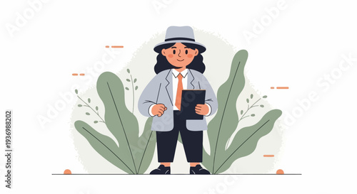 Flat design illustration of a person in a suit and hat holding a clipboard