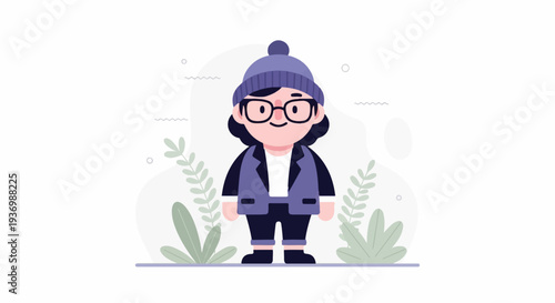 Cartoon figure in winter attire with glasses and plants