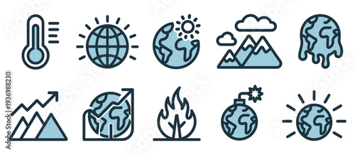 Climate change icon set with global warming symbol isolated on white background, minimal vector design