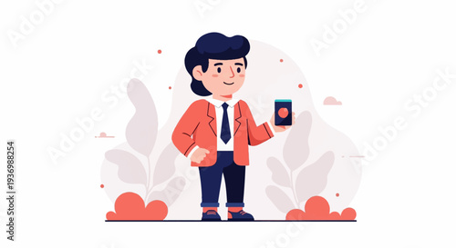 Cheerful man in suit holds smartphone amidst abstract plants and soft clouds