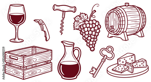 Collection of wine related items including a glass of red wine a barrel a corkscrew a crate grapes a decanter a key and cheese