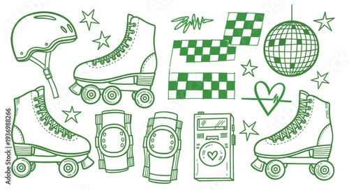 Retro roller skate party graphic elements collection with disco ball helmet knee pads and music player