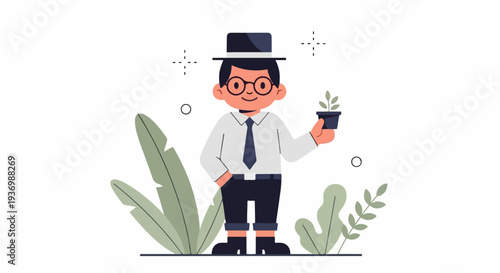 Cheerful character in a hat holding a potted plant, surrounded by leaves and decorative elements