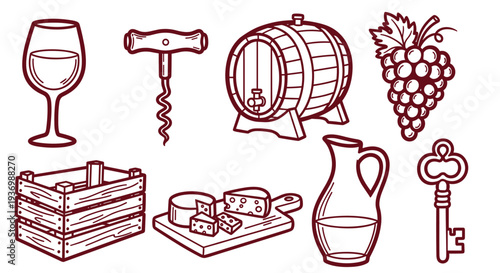 Collection of wine and cheese elements including a glass barrel grapes cheese crate pitcher and corkscrew for culinary and beverage themes