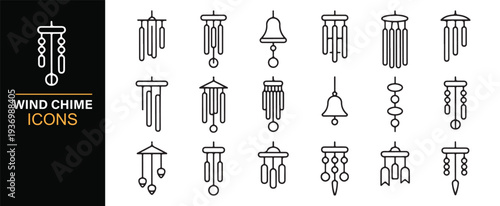 Garden wind chimes minimal line icon set for outdoor decor symbols