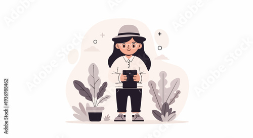 Young person in hat holds tablet, surrounded by stylized plants and abstract shapes