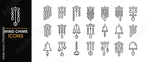 Wind chime outline icon collection with hanging bell and tube decorations