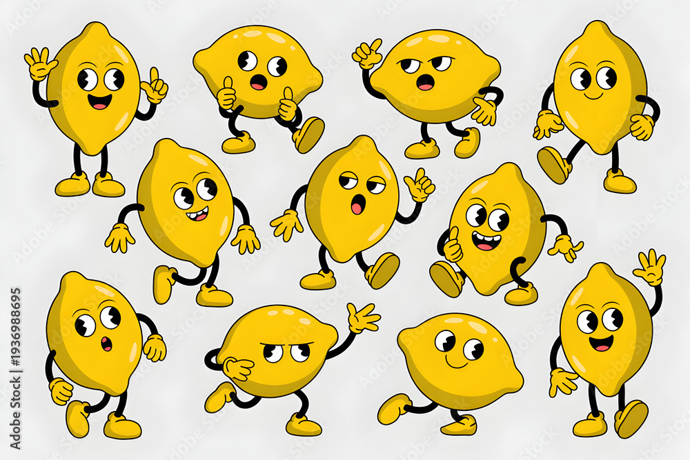 Fototapeta premium Cute Cartoon Lemon Characters Pack — Playful Yellow Lemons with Faces, Arms and Legs in Multiple Poses on White BackgroundTags: