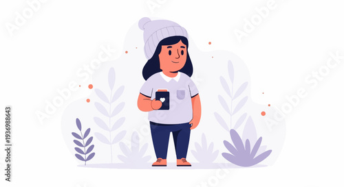 Chubby cartoon girl wearing a beanie and holding a cup with a heart