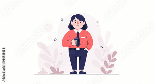 A charming, stylized person in business attire holds a modern gadget amidst abstract floral elements