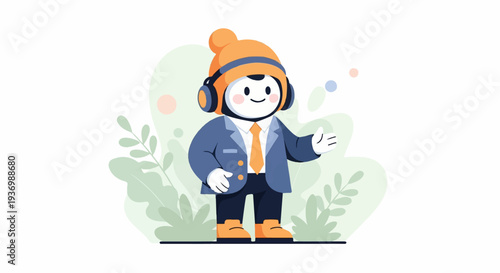 Friendly cartoon character in a suit, hat, and headphones, standing amidst leaves