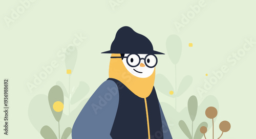 Stylized character in a hat and glasses, with abstract foliage and yellow dots in a pale green background