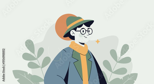 Whimsical portrait of a person in a hat and scarf, surrounded by abstract shapes and foliage