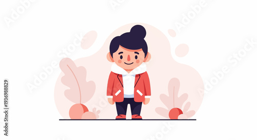 Charming cartoon character in a stylish red jacket and blue pants, with dark hair styled in a bun, standing in a whimsical setting