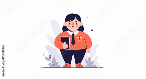 A chubby cartoon figure in professional attire, holding a book, with abstract plant elements