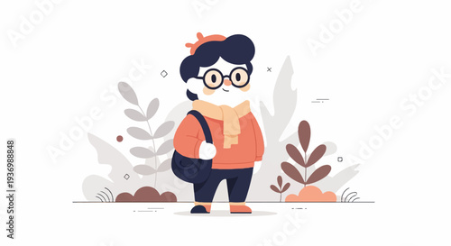 Cute cartoon child in winter attire with a satchel, amidst stylized foliage and minimalist abstract shapes