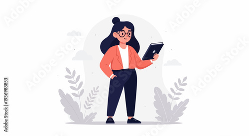 A young woman wearing glasses and an orange jacket stands holding a tablet