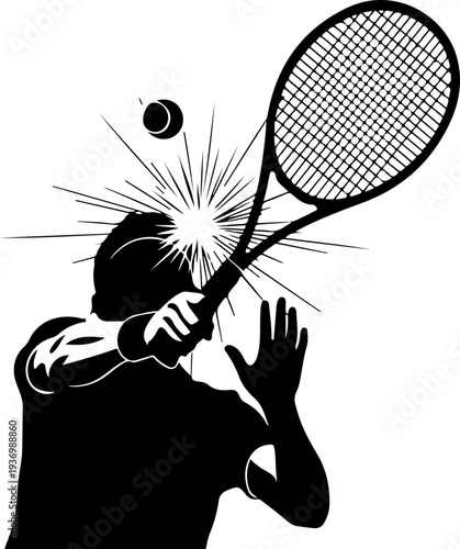 Black silhouette of tennis player hitting ball with racket vector