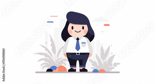Cheerful cartoon character in business attire, set against abstract background