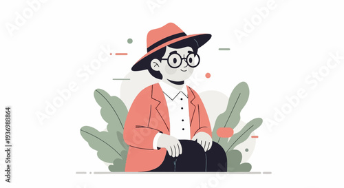 Stylish person in a hat, glasses, and jacket amidst abstract shapes and leaves
