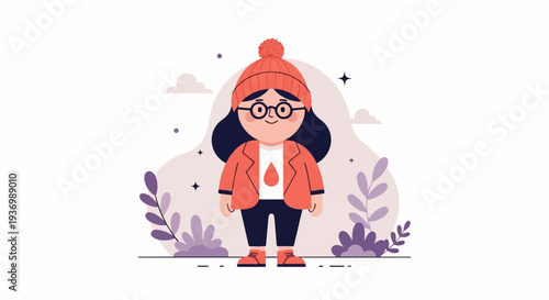 Whimsical illustration of a smiling child with dark hair, wearing a hat, glasses, jacket, and pants