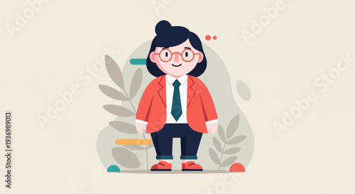 A charmingly illustrated character in a coral blazer, white shirt, and teal tie stands with a hint of wonder