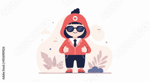 Cute cartoon character in a red hooded jacket, sunglasses, and formal tie