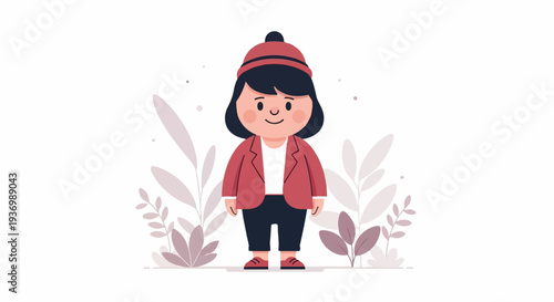 A cute cartoon child with dark hair, wearing a red hat, jacket, and pants, stands amidst stylized plants
