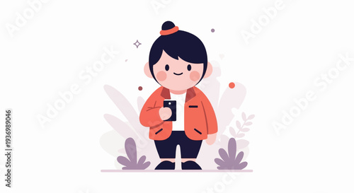 Cute cartoon character holding a smartphone amidst stylized plants and subtle sparkling elements