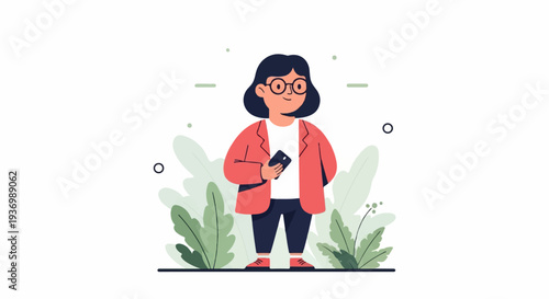 A stylized person with glasses and a jacket holds a phone amidst lush green foliage and abstract shapes