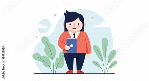 A cheerful character in business attire holds a tablet amidst lush greenery and abstract shapes
