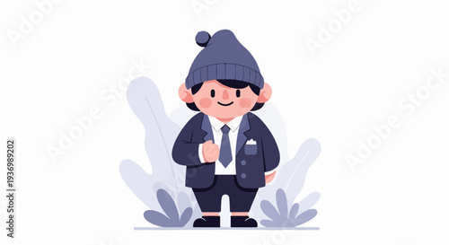 A cheerful cartoon character in a suit and winter hat stands among abstract plants