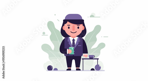 A stylized individual in professional attire, holding a phone, with plants and a small table nearby