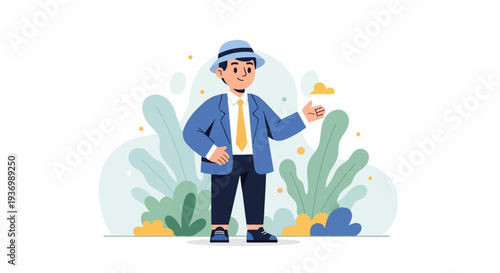 A stylized male character in a blue suit and hat stands amidst lush green foliage