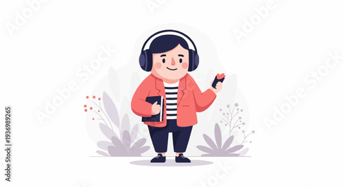 Cheerful cartoon character in headphones holding a book and a phone