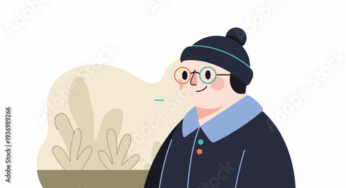 Cheerful person with glasses and beanie, against a light abstract background with greenery