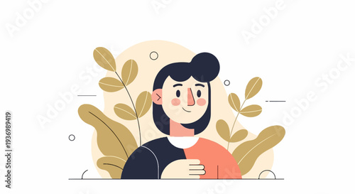 A stylized portrait of a person with dark hair, blush on cheeks, surrounded by leaves