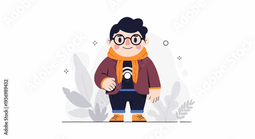 Stylized character wearing glasses, scarf, and casual clothing, amidst abstract foliage