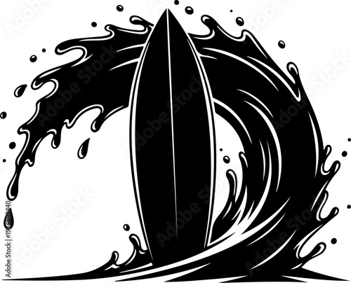 Vector surfboard with wave splash icon