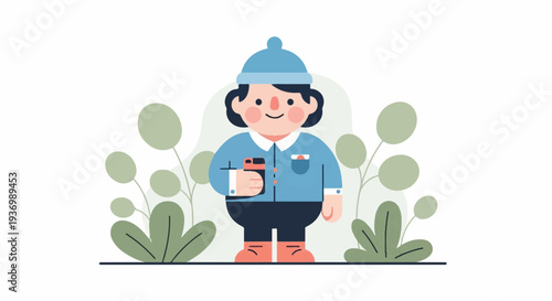 A stylized figure in blue outerwear and a cap holds a phone, surrounded by abstract green plants and a soft background
