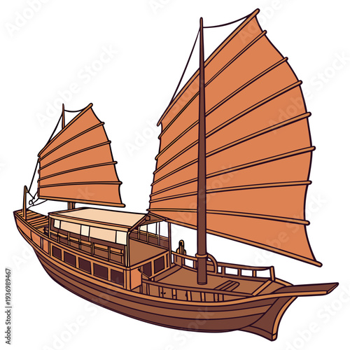 Traditional chinese junk boat with orange sails ship