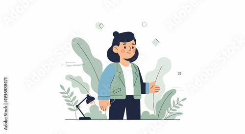 A stylized woman in a jacket stands amidst abstract green foliage and geometric shapes