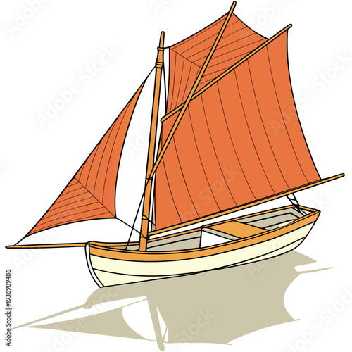 Traditional double mast sailboat with orange sails