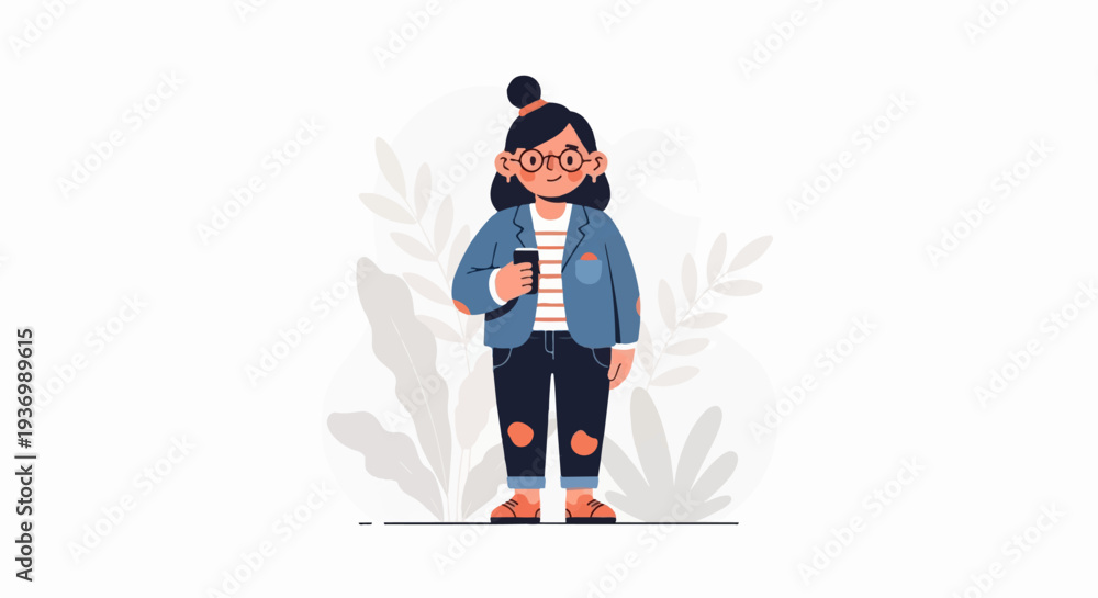 Fototapeta premium A person wearing glasses, a striped shirt, and a jacket holds a drink