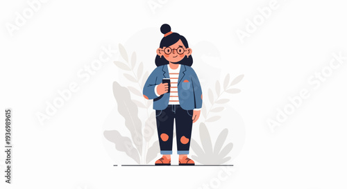 A person wearing glasses, a striped shirt, and a jacket holds a drink