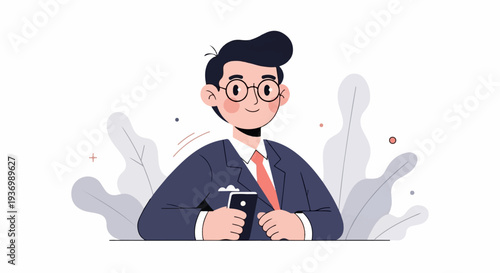 Confident young man in a suit and glasses holding a smartphone, surrounded by abstract plant shapes