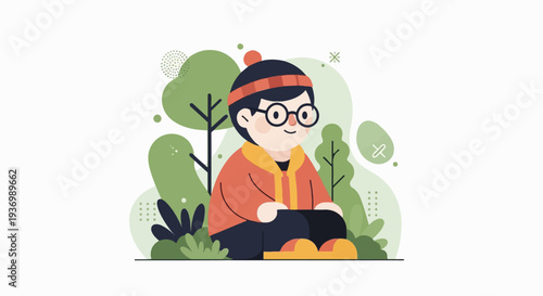 A person with glasses and winter attire sits contentedly in a stylized natural environment