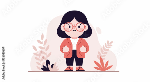 Adorable cartoon character with dark hair, round glasses, and a coral jacket amidst light pink foliage