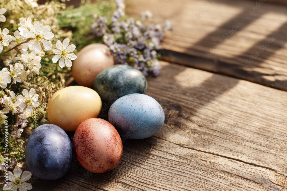Obraz premium Easter Holiday Eggs with Rustic Wooden Background
